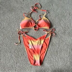 Aerie Pink and Orange Tie Dye High Leg Cheeky String Bikini Set NWT Size Large